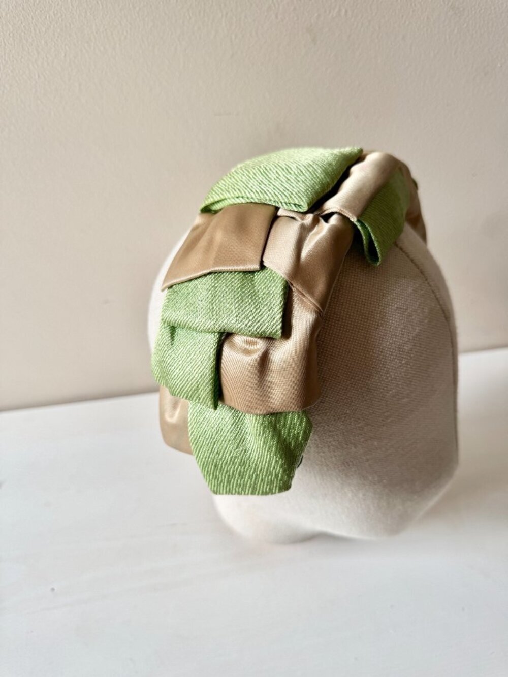 Vintage Green Straw Champagne Satin Ribbon Headband